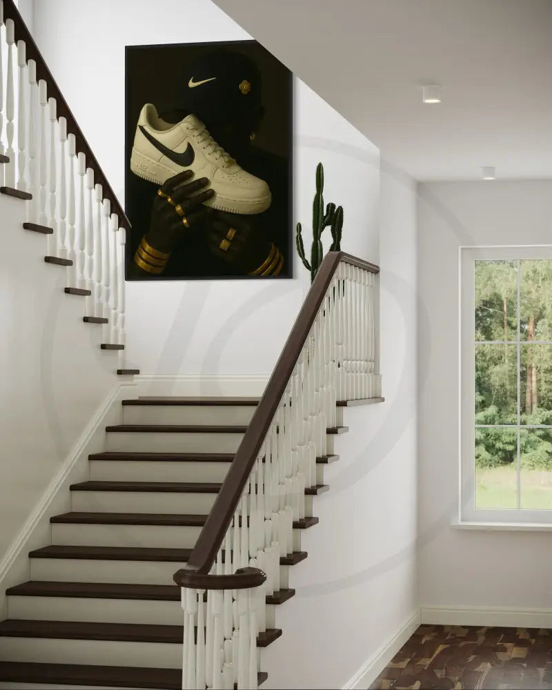Minimalist Afrocentric artwork with sneakers and bold golden jewelry.