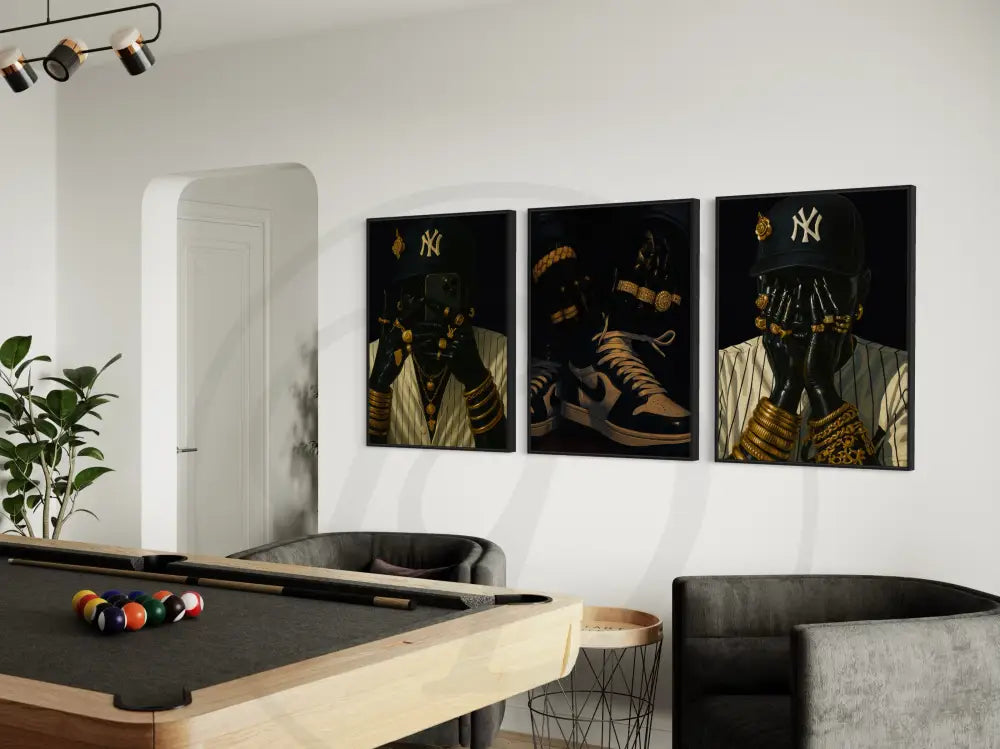 Afrocentric wall art download featuring NY caps, sneakers, and jewelry triptych.
