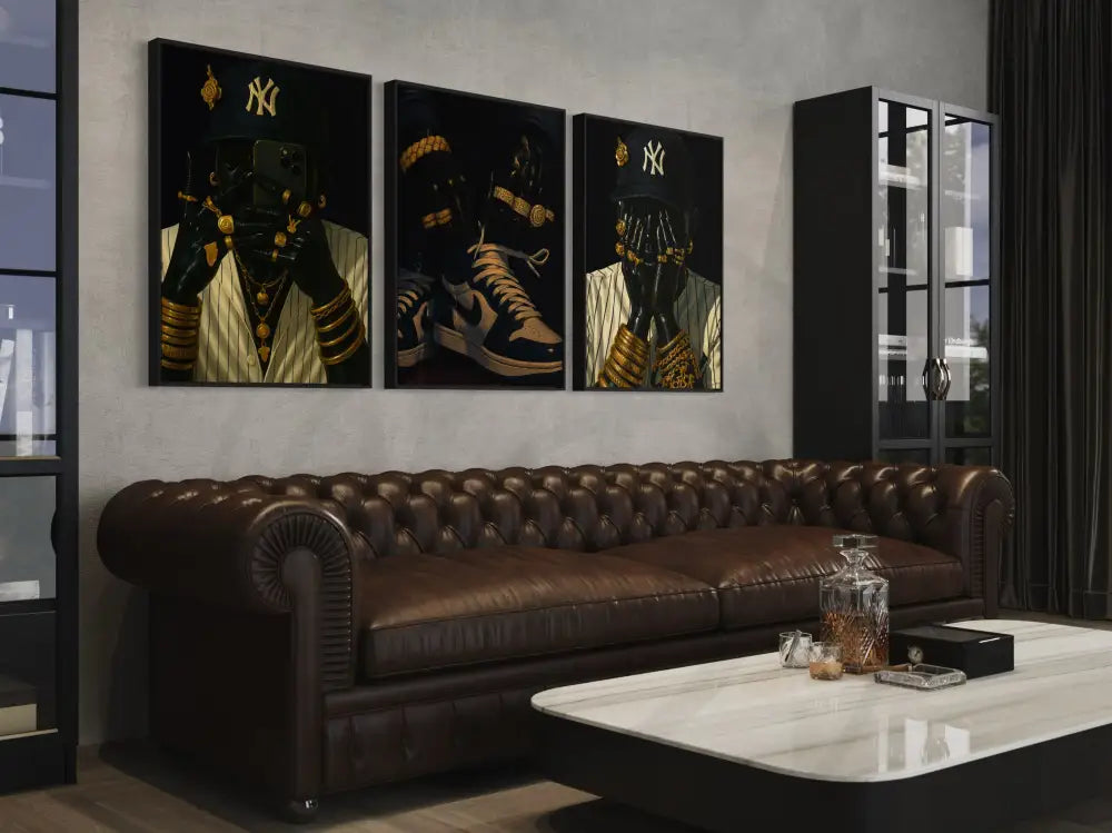 Modern Afrocentric 3-piece wall art set with sneakers, caps, and jewelry.
