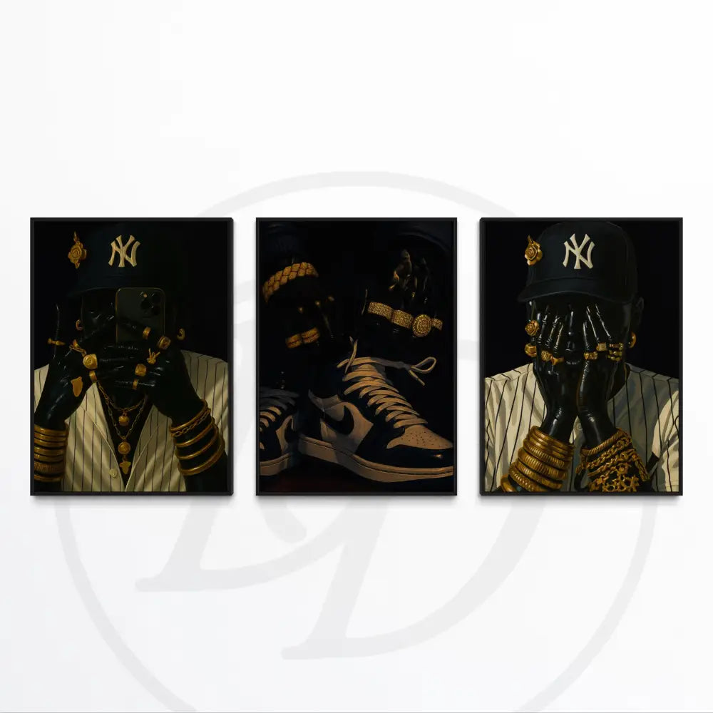 Afrocentric triptych digital art featuring Black figure in NY streetwear and gold jewelry.