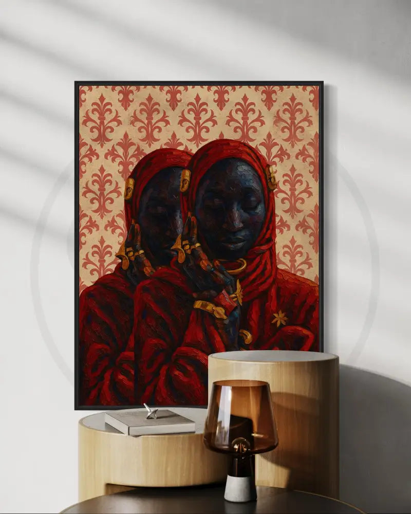 Elegant twin Black women digital art for Afrocentric home décor.