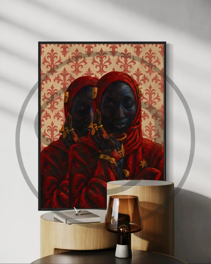 Elegant twin Black women digital art for Afrocentric home décor.
