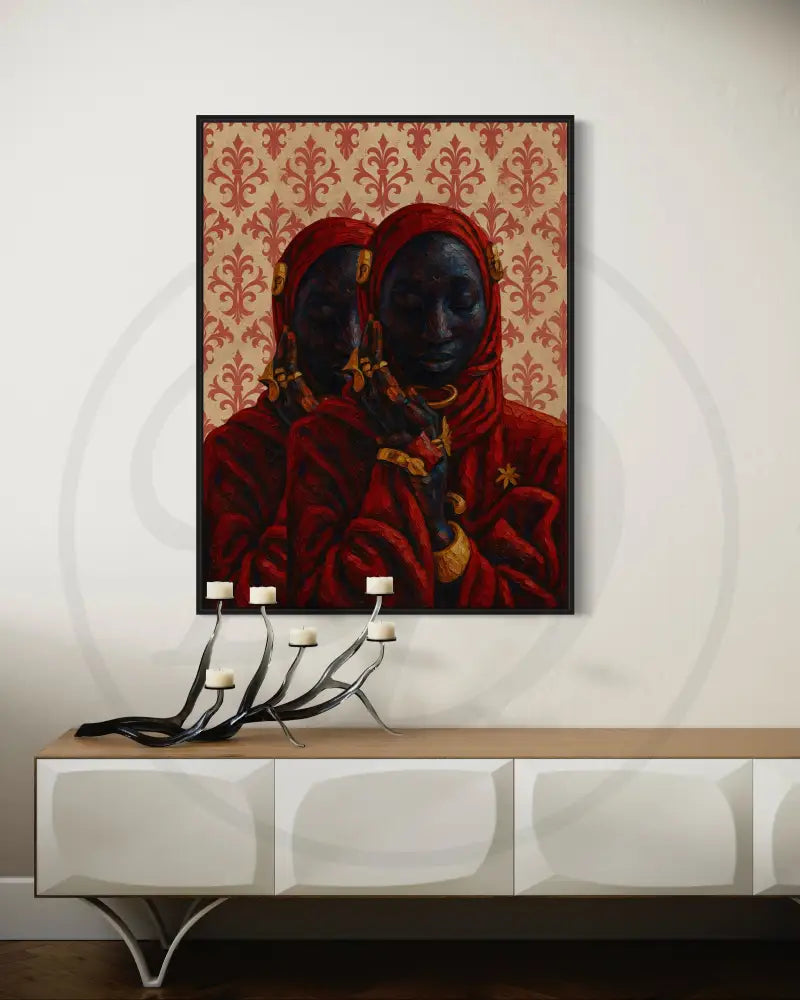 Printable twin elegance artwork celebrating Black unity and strength.