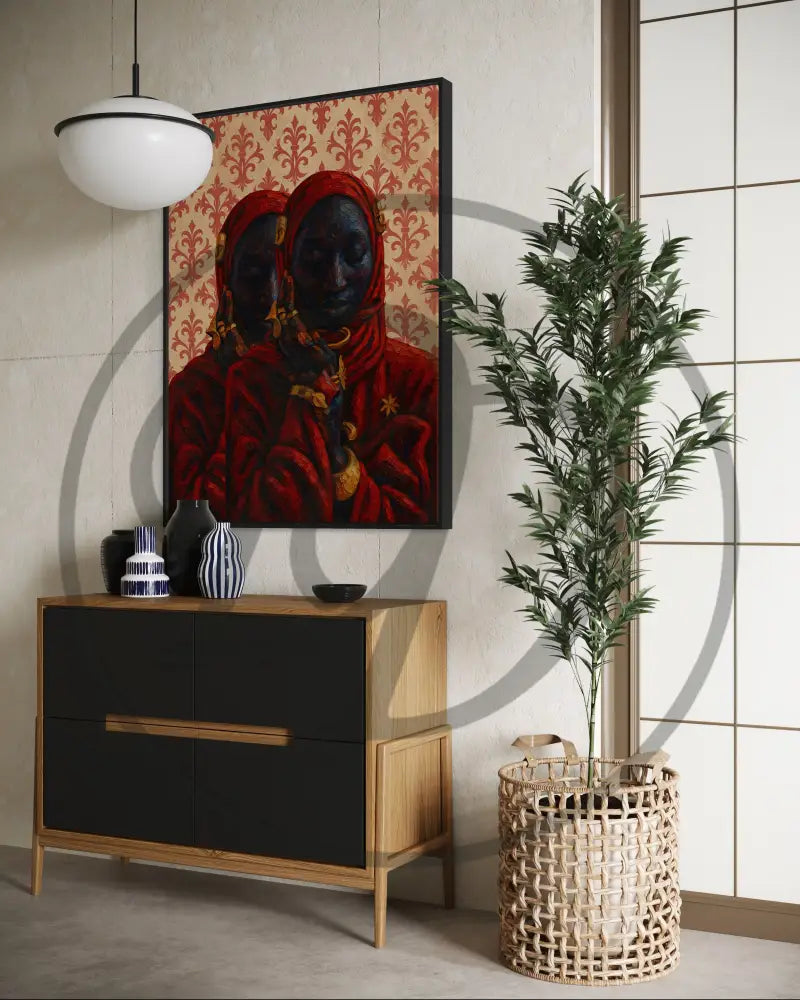 Afrocentric digital wall art of two Black women in red with gold jewelry.
