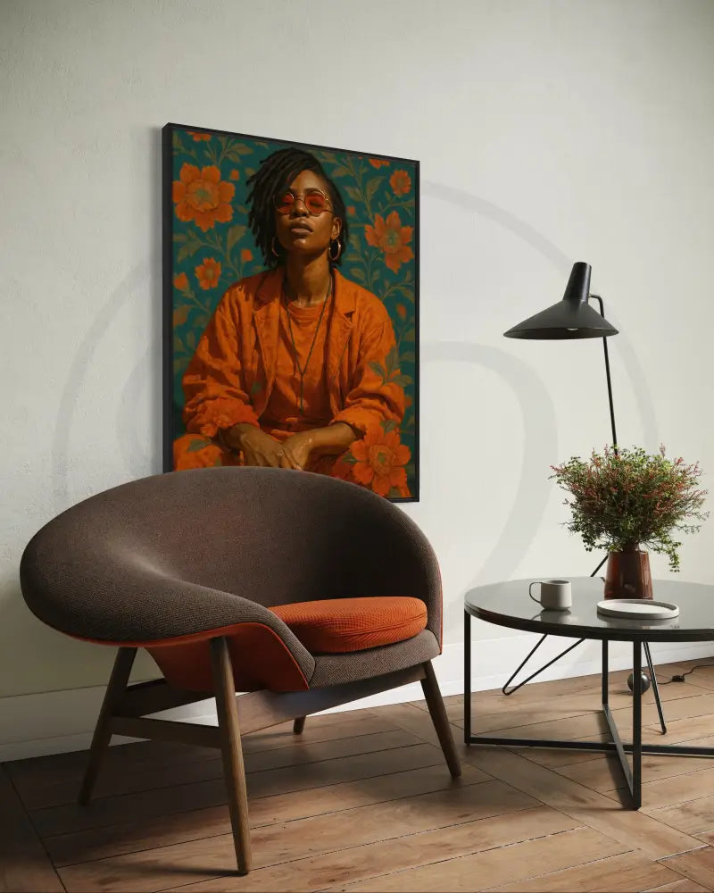 Afrocentric wall art with vibrant teal floral background and striking outfit
