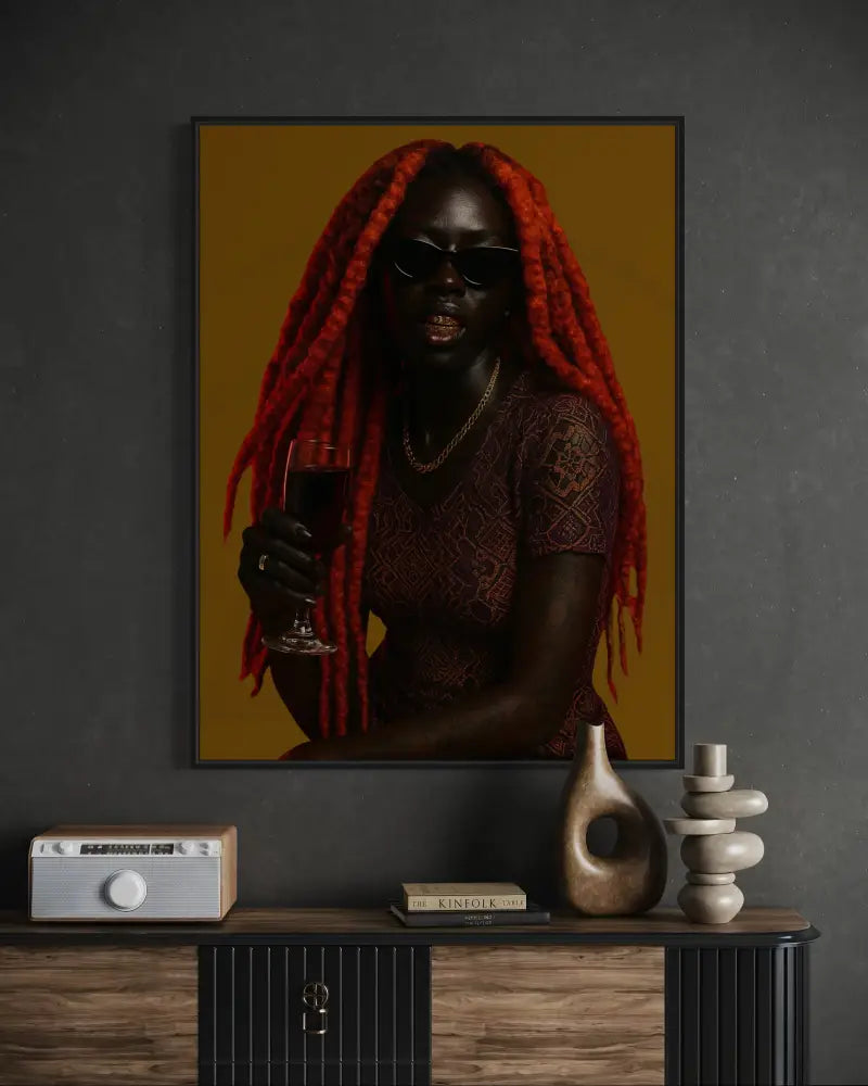 Afrocentric wall art of Black woman with red locs and wine glass.