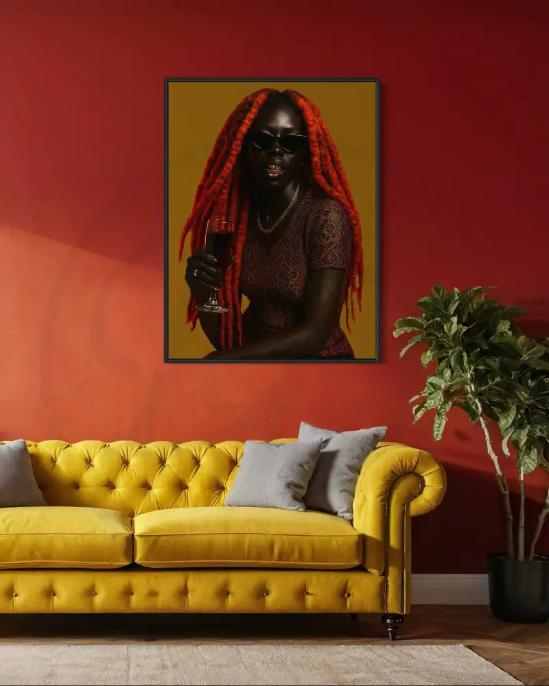 Afrocentric bold editorial wall décor with wine and red locs.