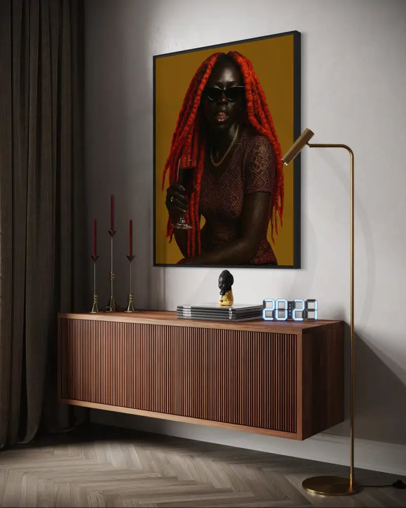 Afrocentric fiery red locs portrait printable wall art.