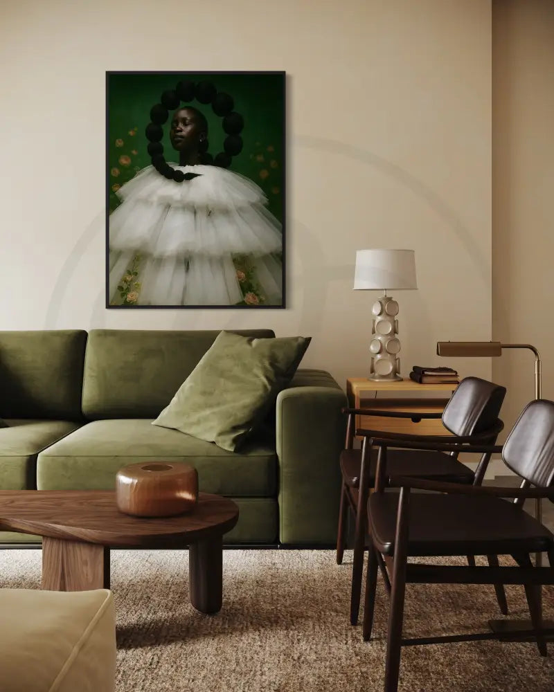 Ethereal woman in white tulle against green backdrop