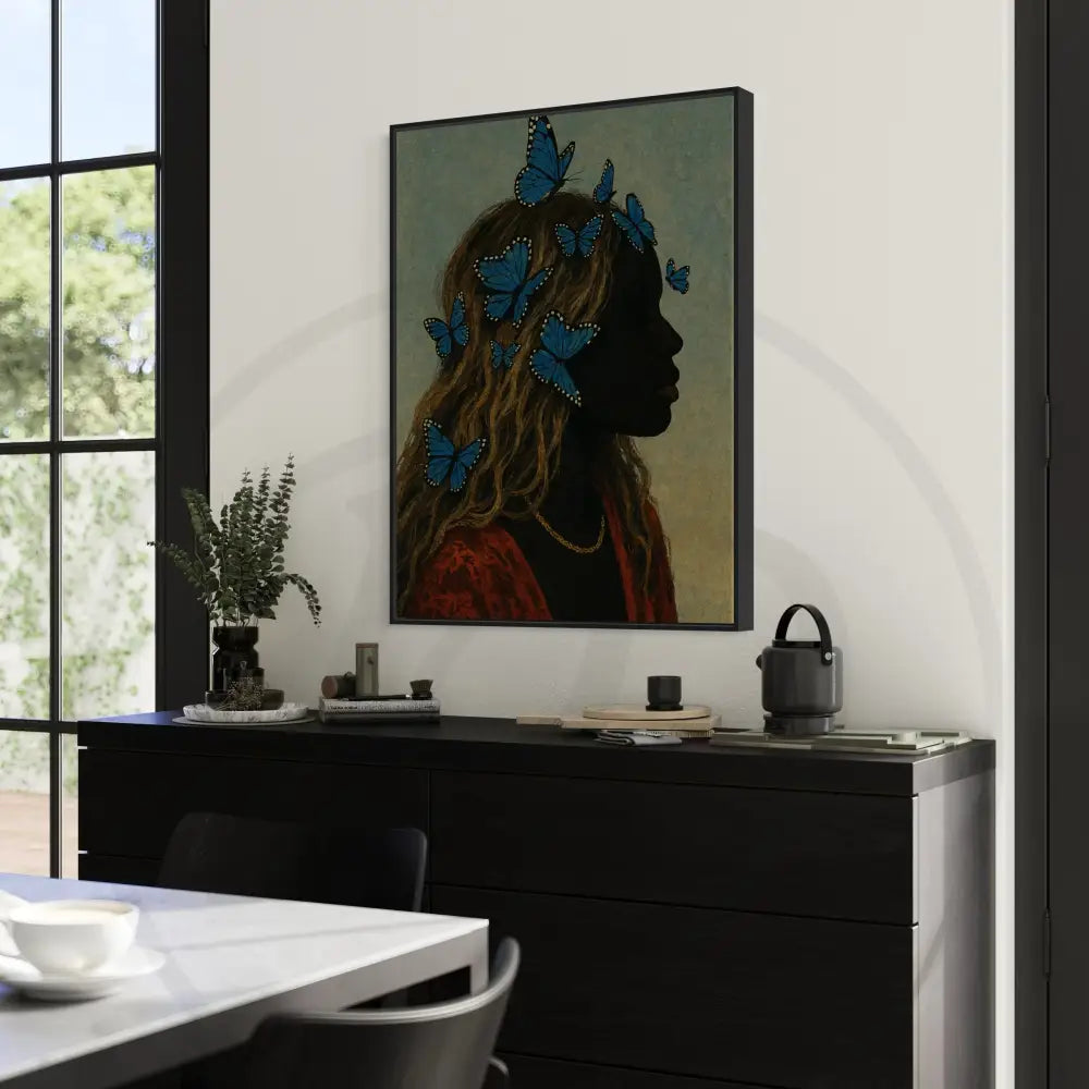 Graceful Black woman wall décor with blue butterflies.