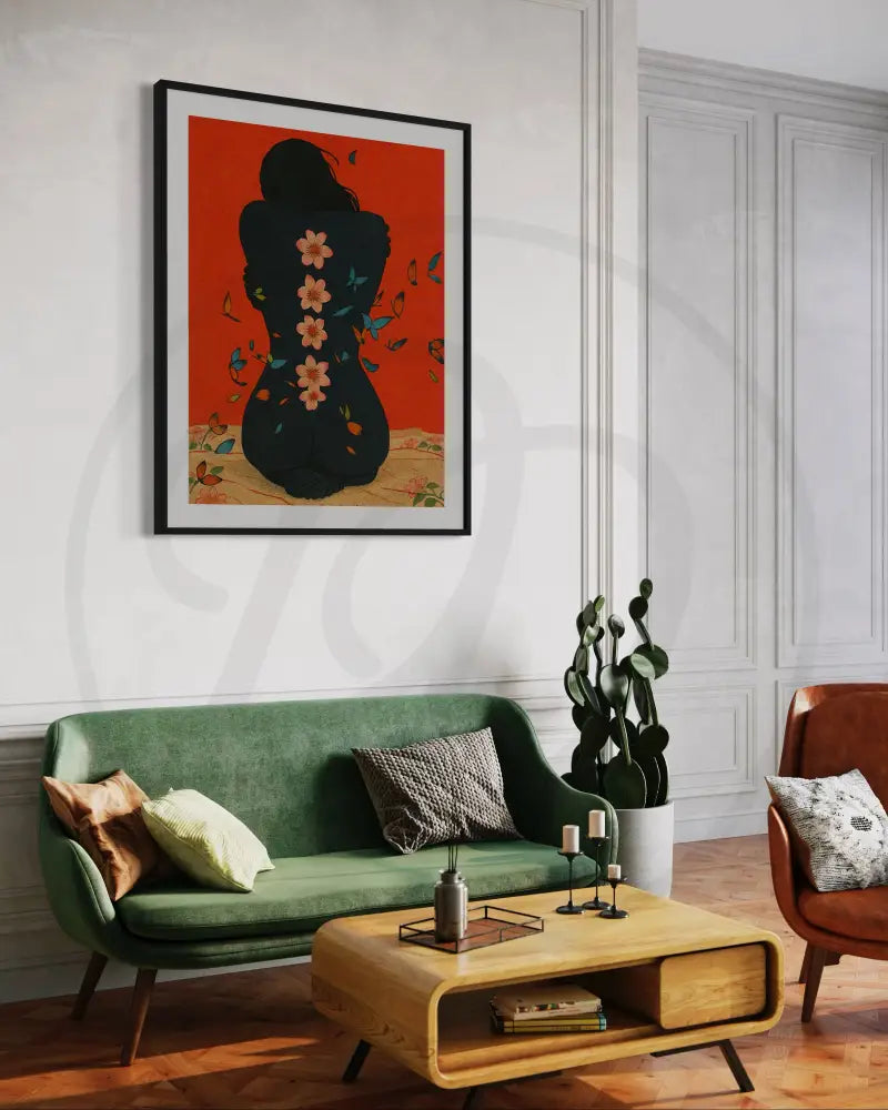 Digital print of seated faceless woman with flower back