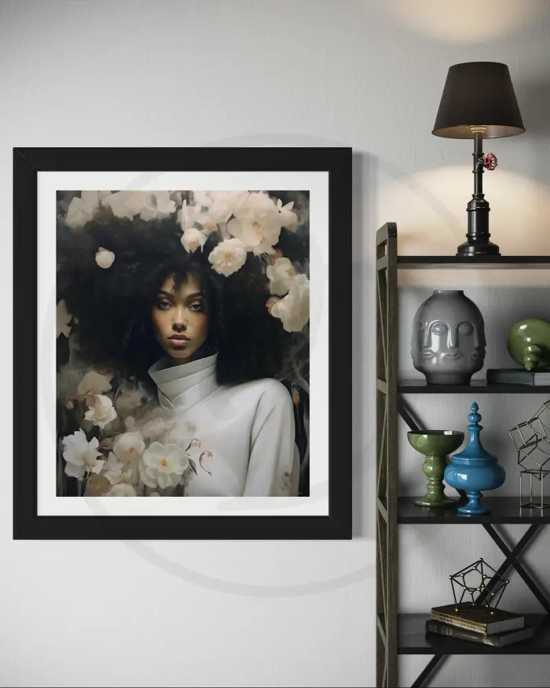 Black woman portrait with white flowers digital art print.