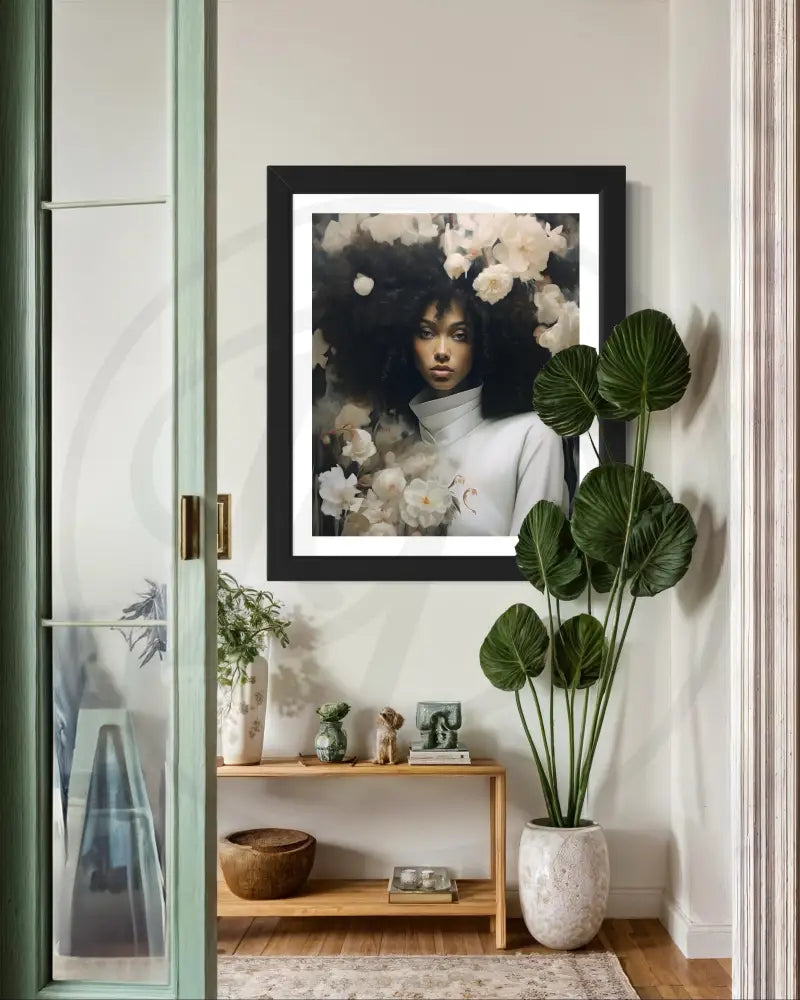 Elegant portrait of Black woman with natural hair and blossoms.