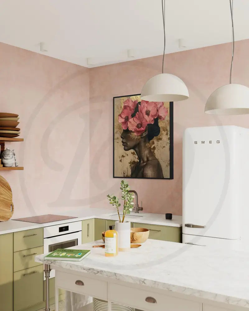 Cultural floral portrait wall art celebrating beauty and strength.