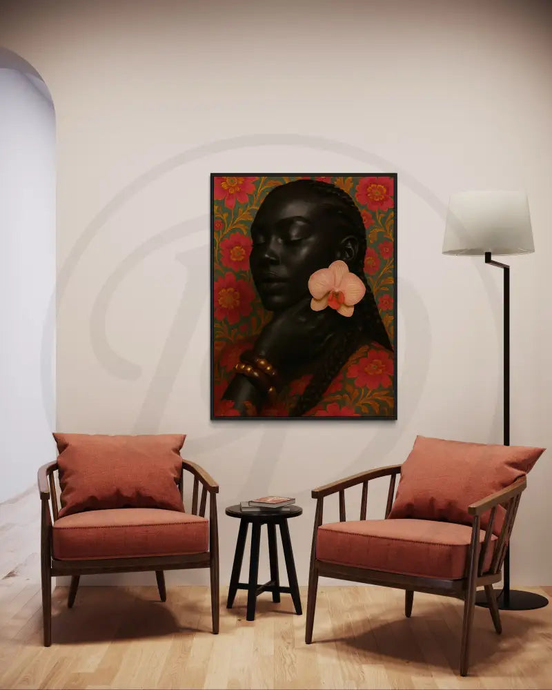 Floral Black Woman Portrait Print | Orchid Earrings & Braids Art