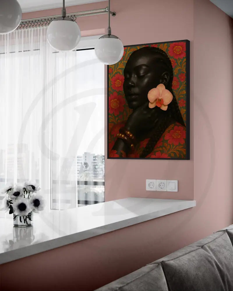 Floral Black Woman Portrait Print | Orchid Earrings & Braids Art