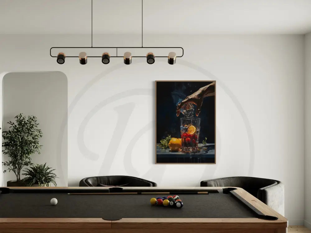 Modern art print with glass of fruit and water pouring.