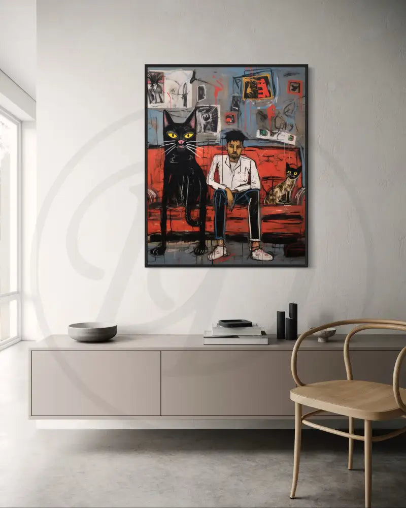 Abstract modern art with red couch and symbolic cats.