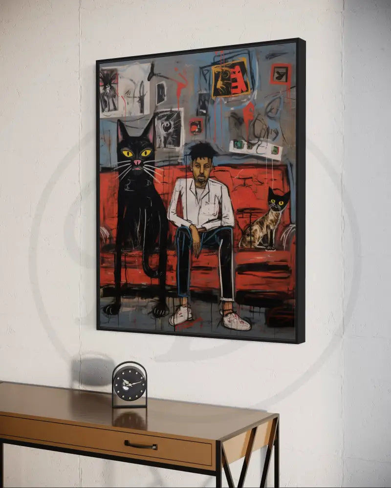 Bold figurative expressionist print with surreal cats.