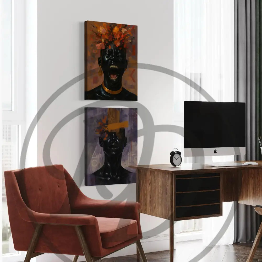 Printable Black portrait art with gold jewelry and artistic background.