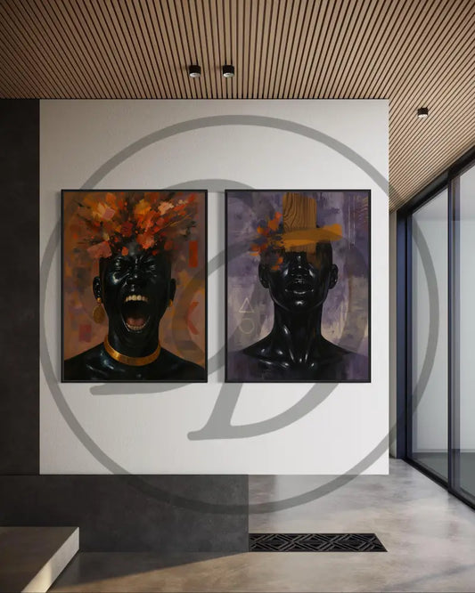 Abstract Afrocentric digital wall art of Black portrait with expressive colors. Printable art for modern interiors.