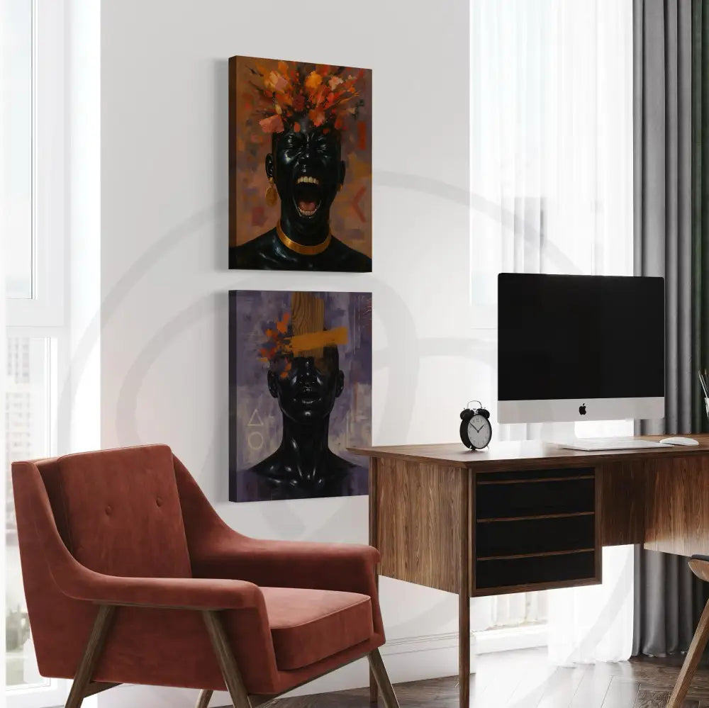 Printable Black portrait art with gold jewelry and artistic background.