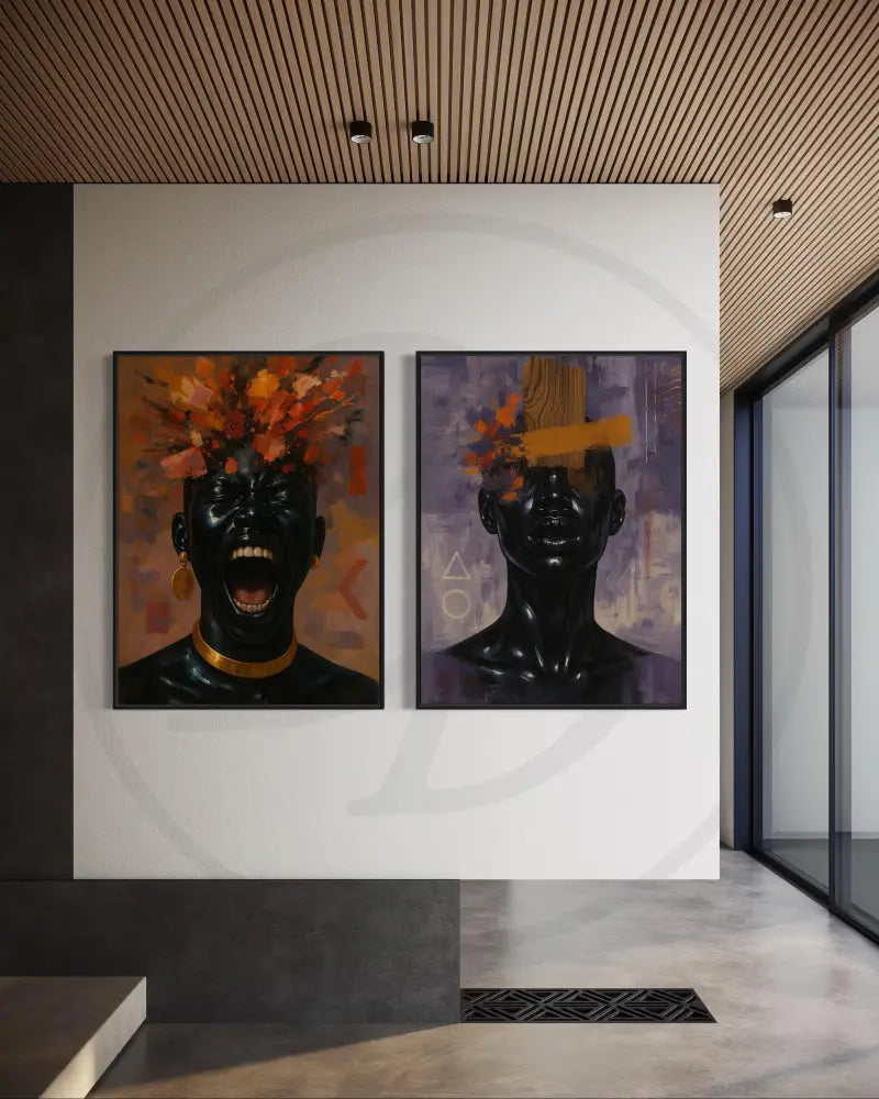 Abstract Afrocentric digital wall art of Black portrait with expressive colors. Printable art for modern interiors.