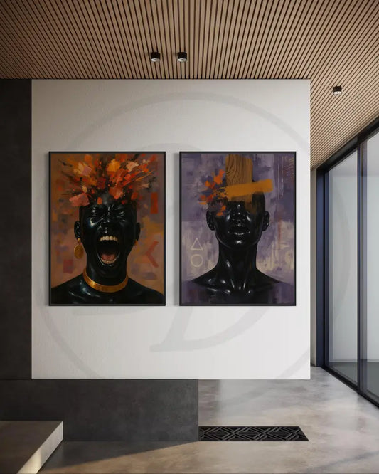 Abstract Afrocentric digital wall art of Black portrait with expressive colors. Printable art for modern interiors.