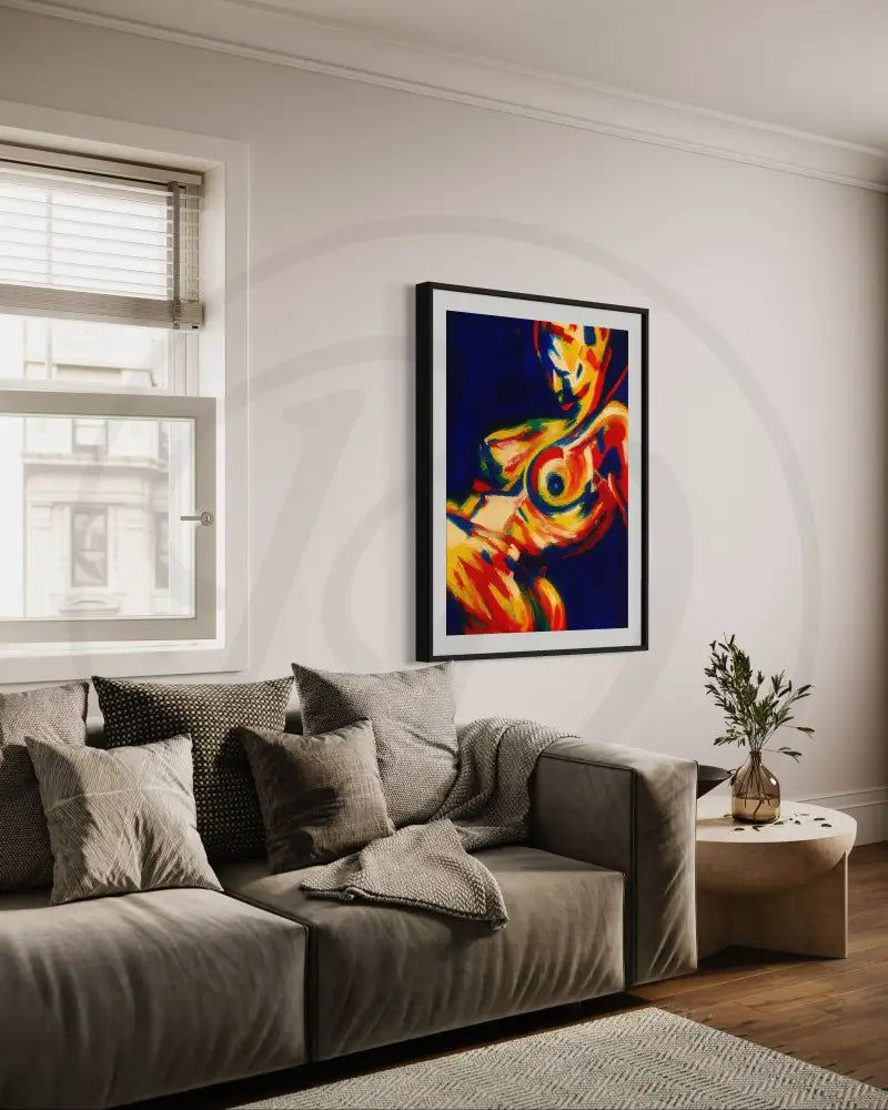 Printable artwork of abstract female form in red, yellow, and blue tones