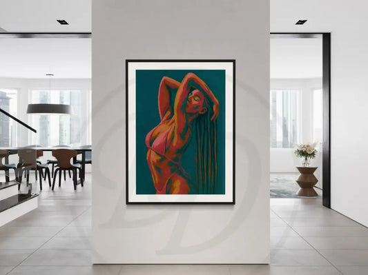 Abstract nude wall art in teal and red tones