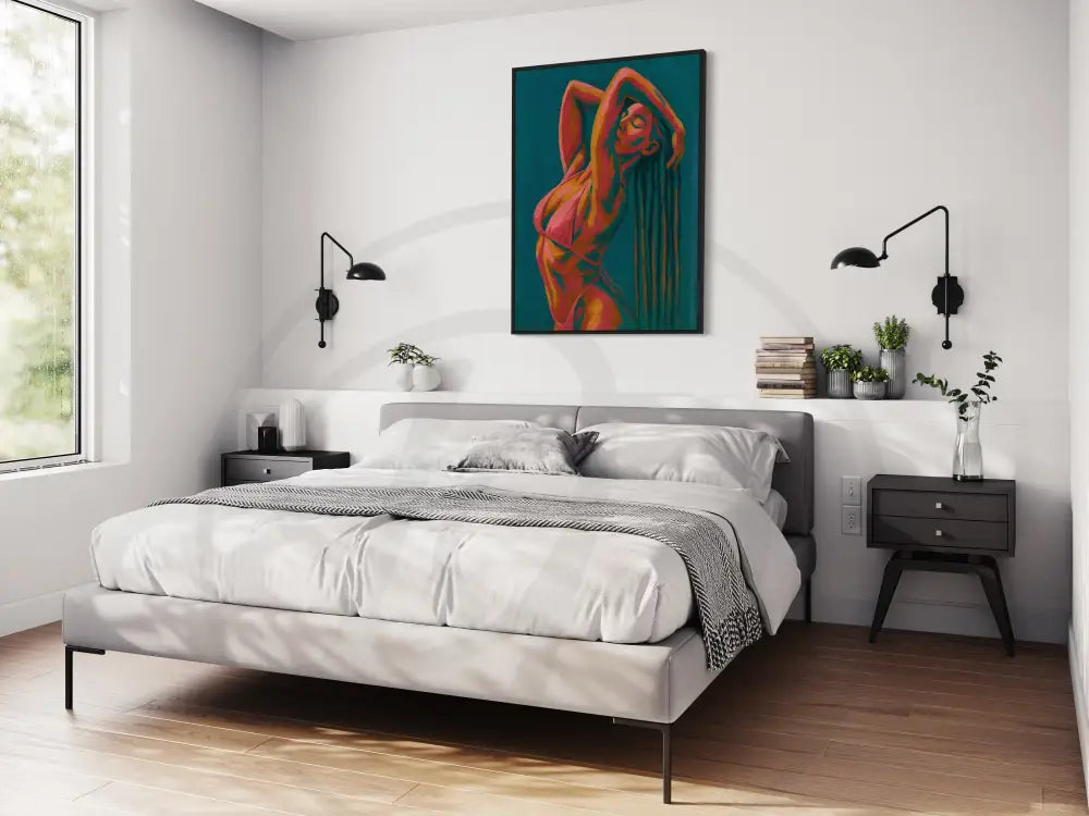 Printable artwork of female form with teal background