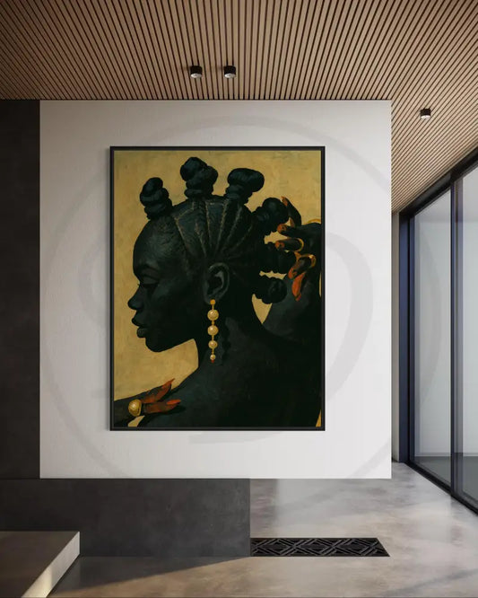 African woman silhouette wall art digital download with gold jewelry accents.