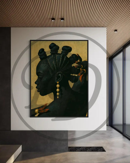 African woman silhouette wall art digital download with gold jewelry accents.