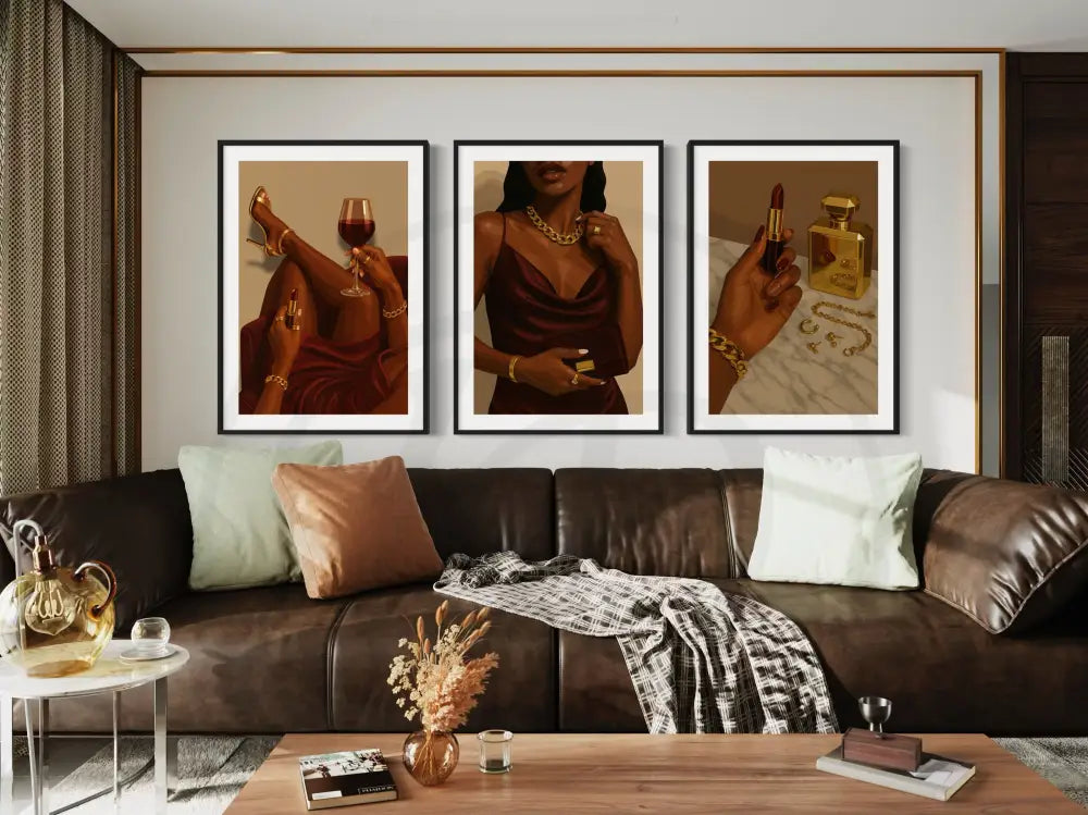 Afrocentric wall art set of a stylish Black woman in red dress and gold jewelry