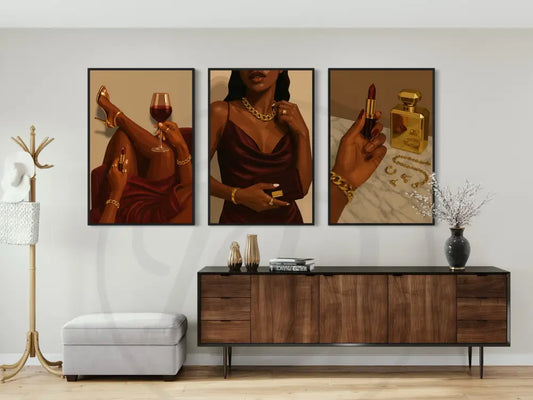 Three-piece digital art featuring heels, lipstick, and red wine glamour