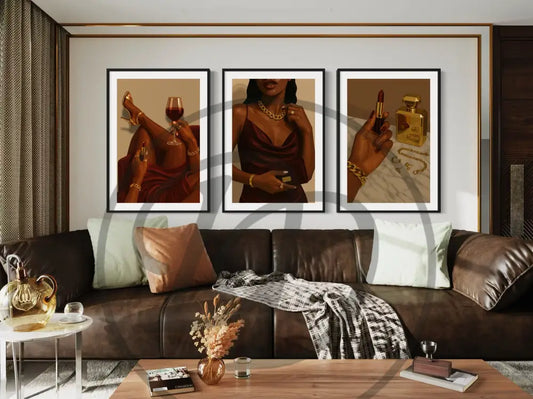 Afrocentric wall art set of a stylish Black woman in red dress and gold jewelry