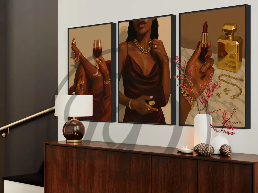 Elegant printable wall art of Black woman luxury in red and gold tones