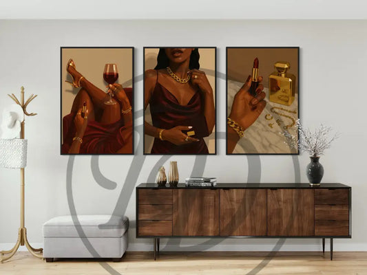 Three-piece digital art featuring heels, lipstick, and red wine glamour