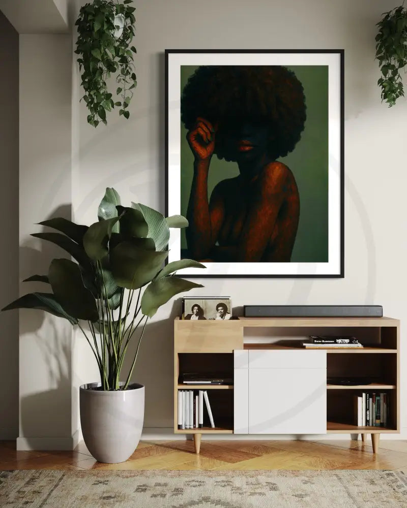 Afro hairstyle portrait wall art with muted green background