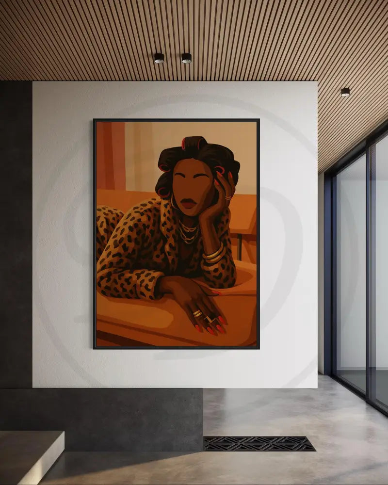 Minimalist digital wall art of faceless Black woman lounging in leopard print. Printable Afro luxe artwork for stylish interiors.
