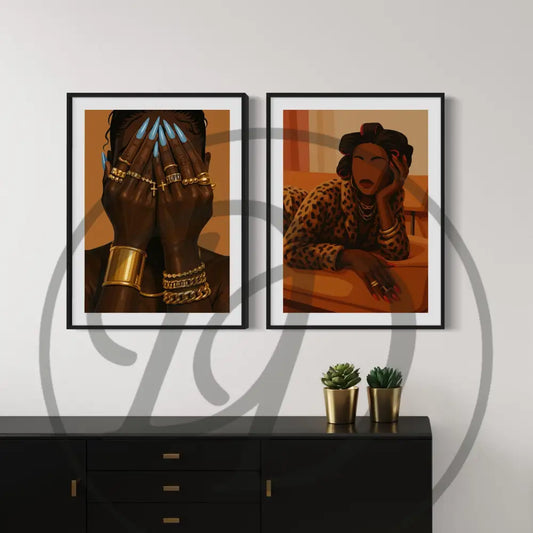 Afro luxe digital wall art of faceless Black woman with blue nails and gold jewelry. Printable art for modern Afrocentric spaces.