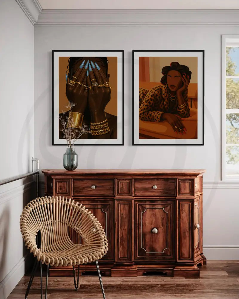 Printable Afrocentric wall art of faceless Black woman portrait with rich gold accents.