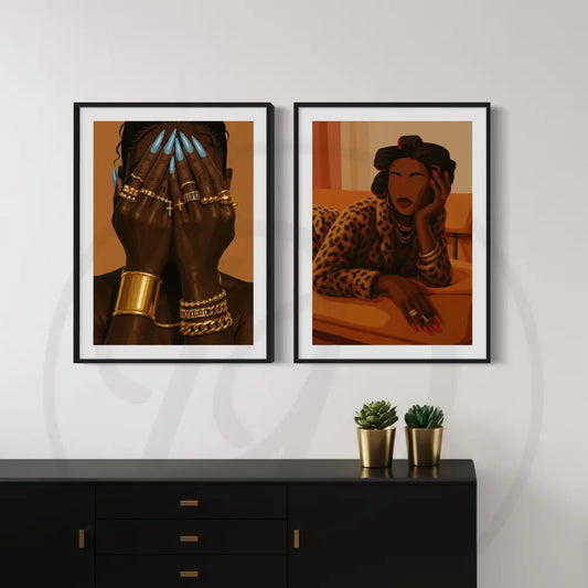 Afro luxe digital wall art of faceless Black woman with blue nails and gold jewelry. Printable art for modern Afrocentric spaces.