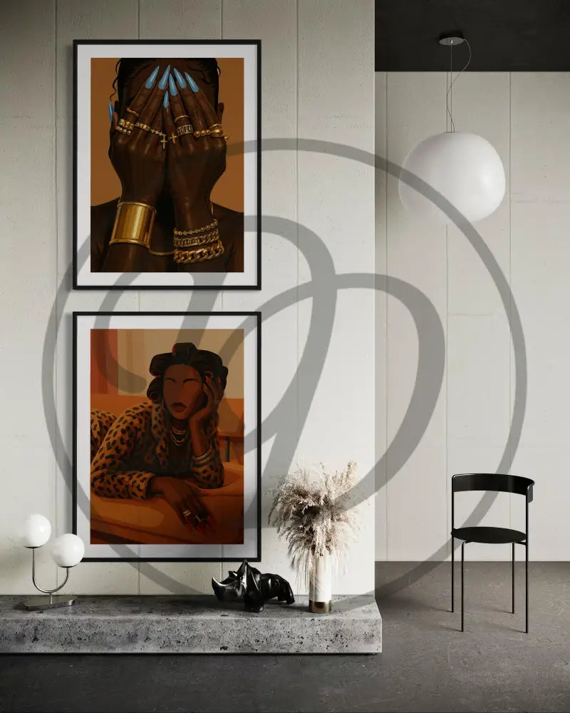Digital art of Black woman lounging with red nails. Modern Afro luxe printable art for urban homes.