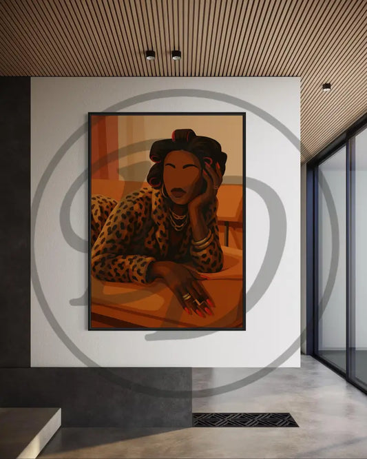 Minimalist digital wall art of faceless Black woman lounging in leopard print. Printable Afro luxe artwork for stylish interiors.