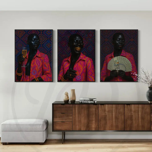 Afro Luxe wall art 3-piece set with Black figure portraits in vibrant patterns. Digital download for contemporary African-inspired home décor.
