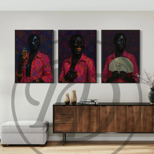 Afro Luxe wall art 3-piece set with Black figure portraits in vibrant patterns. Digital download for contemporary African-inspired home décor.
