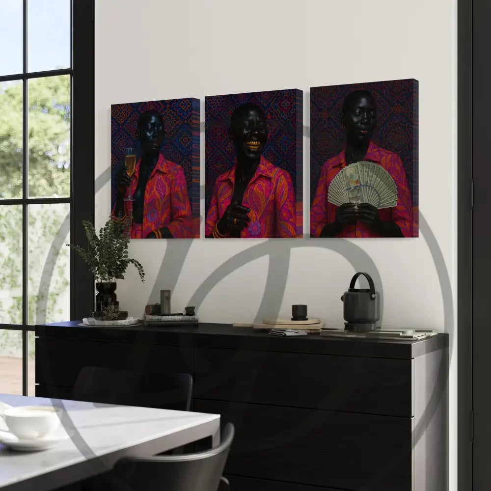 Afrocentric 3-piece wall art set with bold luxury-inspired portraits.