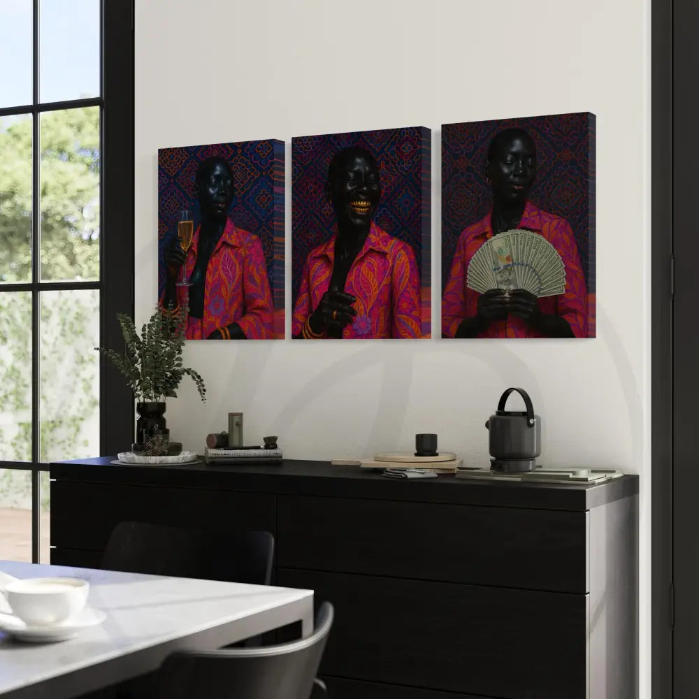 Afrocentric 3-piece wall art set with bold luxury-inspired portraits.