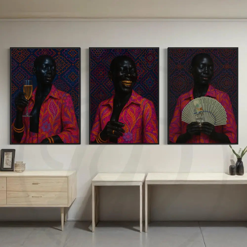Bold Black portrait wall art prints with opulent style and color.